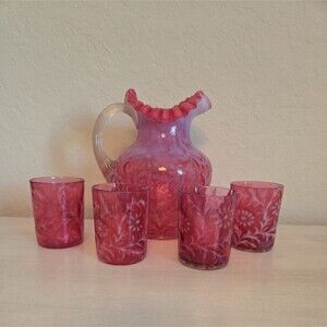 Vintage Fenton Cranberry Opalescent Daisy & Fern Ruffled Pitcher Tumbler Set